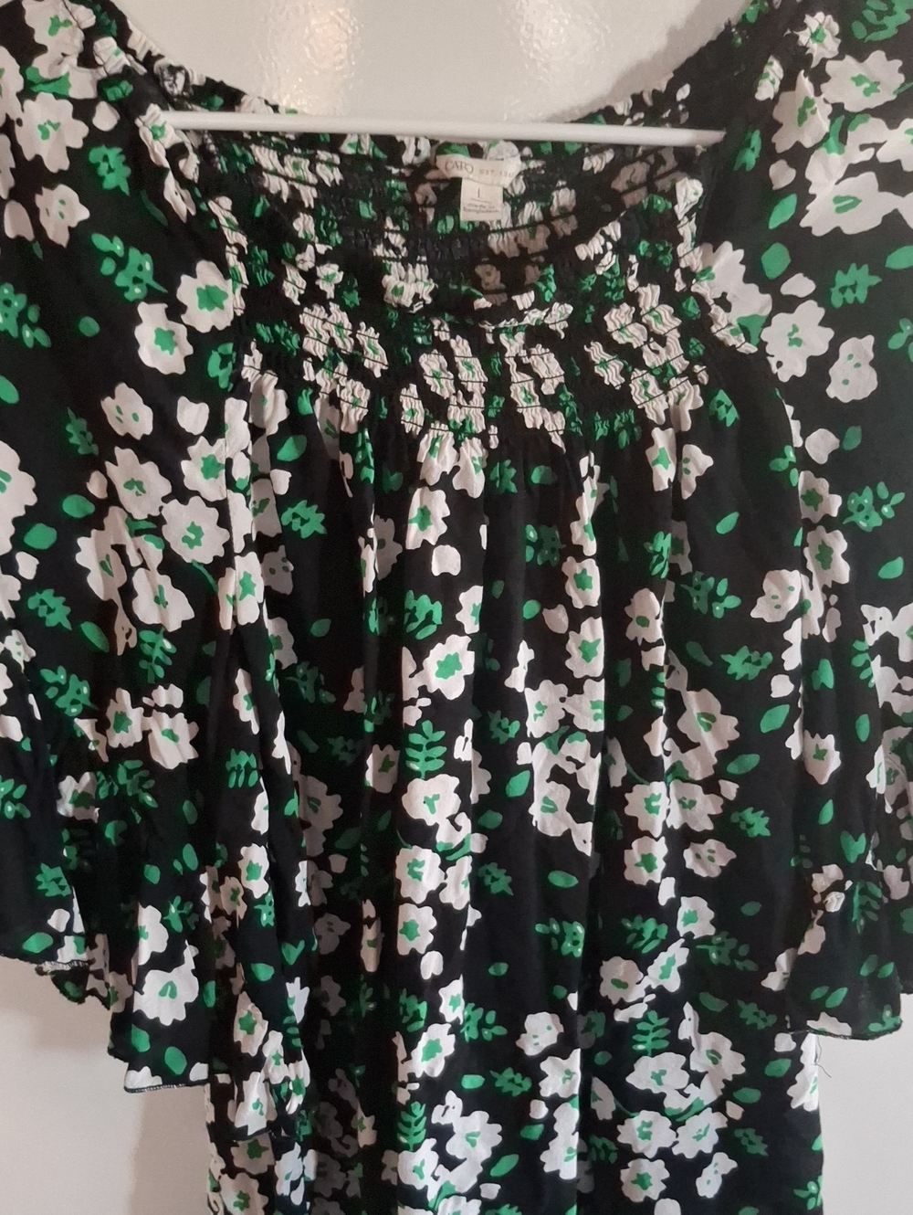 Cato Black Floral Off-Shoulder Tunic with White and Green Print
